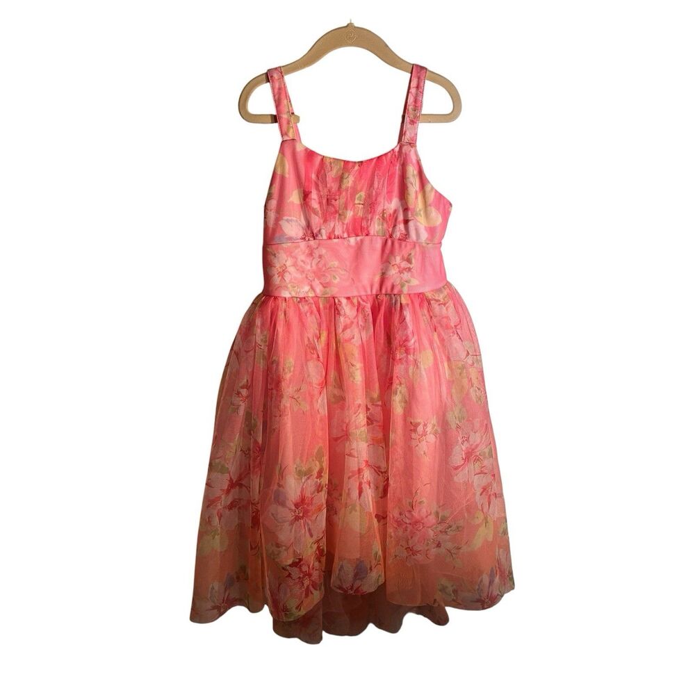 Zenzi Girls Pink Floral High-Low Sun Dress W/ Lining, Tule And Pleating. Size 8